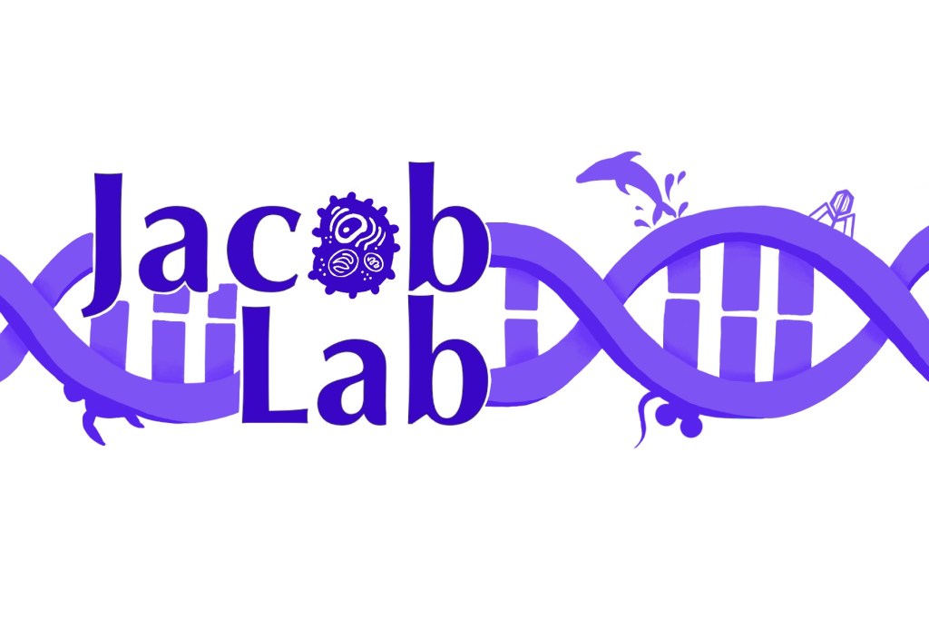 Logo for the Jacob Lab at Hawaii Pacific University. Purple text surrounded by DNA with a bacteria, dolphin, mouse, virus and turtle.