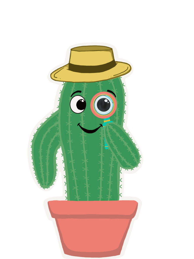 Logo for SciXplorers. A cactus in a pink pot, holding a magnifying class and wearing a sun hat.